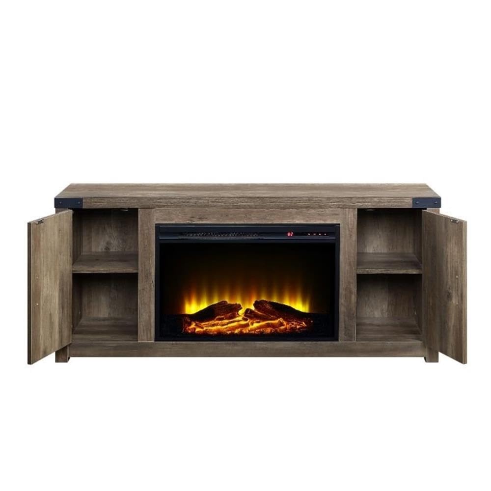 ACME Tobias Electric Fireplace Rustic Farmhouse TV Stand with Double Barn Door for TVs up to 60", Rustic Oak Finish
