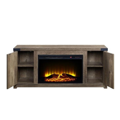 ACME Tobias Electric Fireplace Rustic Farmhouse TV Stand with Double Barn Door for TVs up to 60", Rustic Oak Finish
