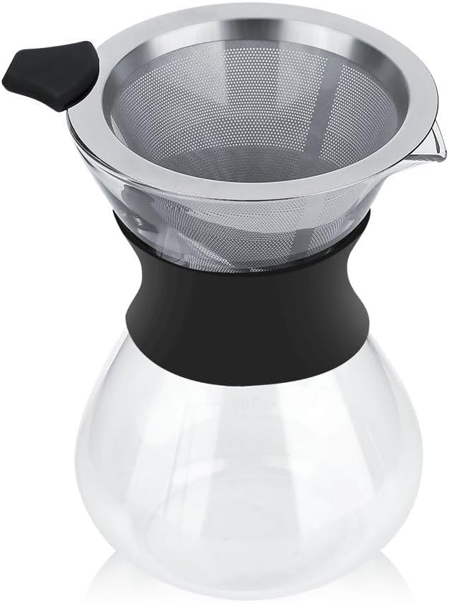 Pour Over Coffee Maker with Stainless Steel Filter, Reusable Glass Coffee Pot Manual Dripper, No Paper Filters
