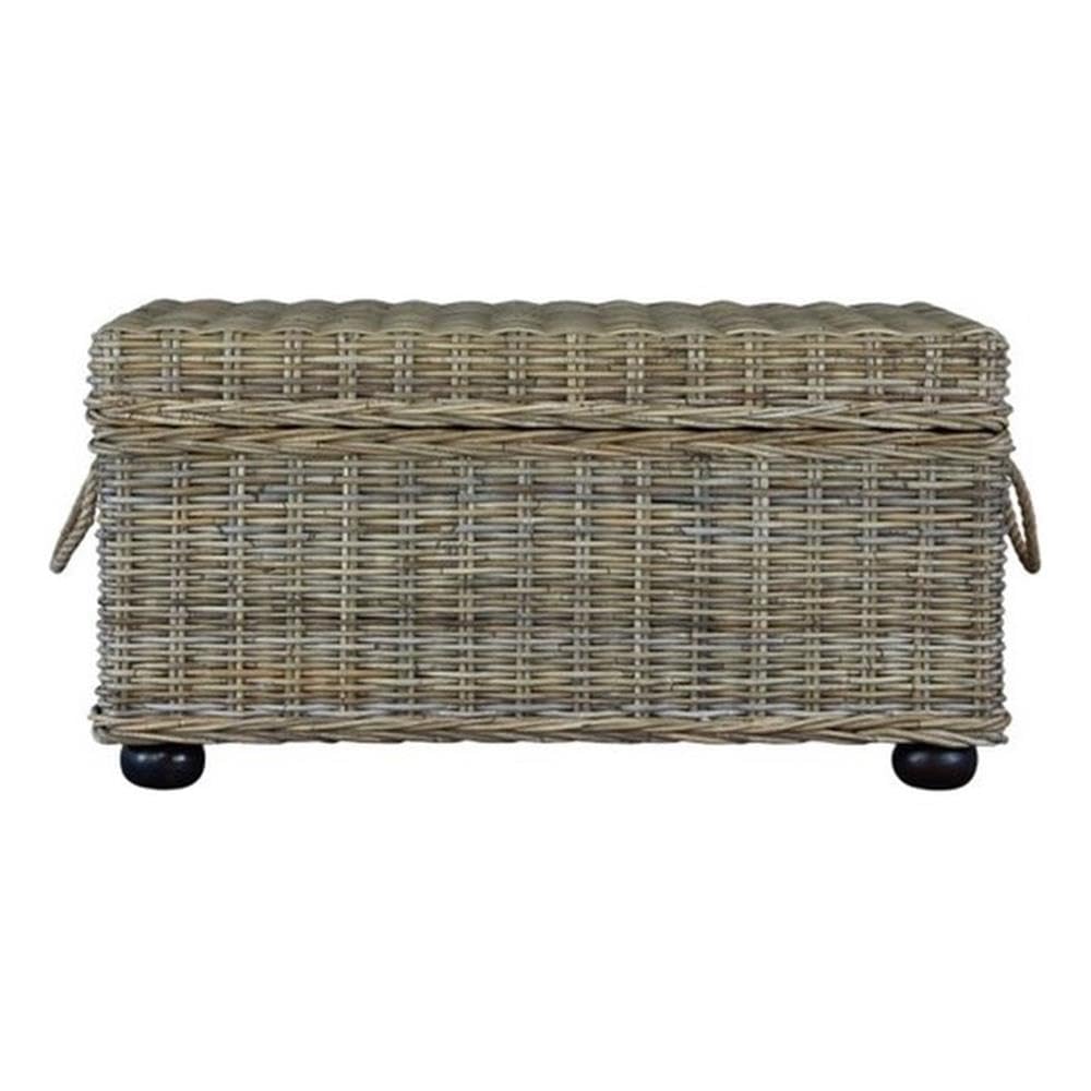 Bowery Hill Wicker & Rattan Storage Trunk, Handmade Solid Mahogany Wood Frame, Tan Finish, 42 in Wide, Lift-Top Spacious Compartment, Farmhouse Style Coffee Table or Storage for Living Room or Bedroom