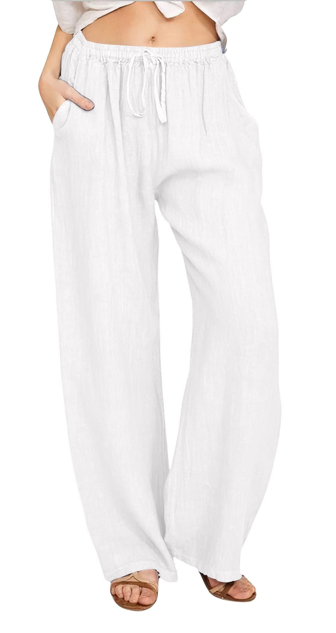 CHARTOU Women's Summer Drawstring Waist Wide Leg Loose Cotton Linen Palazzo Pants