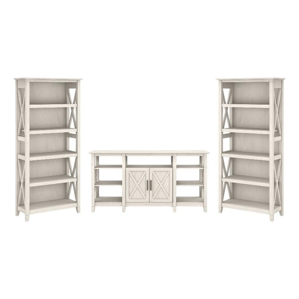 Bush Furniture Key West Tall TV Stand with Set of 2 Bookcases, Farmhouse Entertainment Center for 65 Inch Television, 17D x 60W x 66H, Linen White Oak