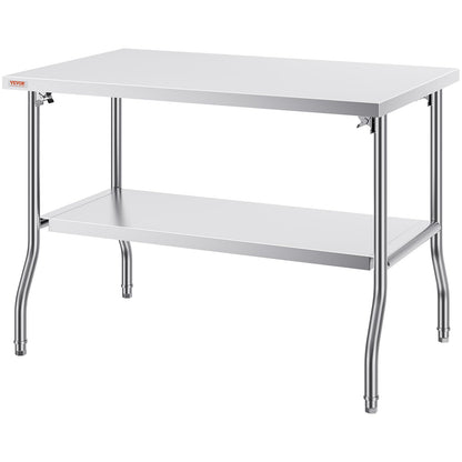 VEVOR Stainless Steel Foldable Work Table, 30 * 48 Inch Heavy Duty Food Outdoor Double Layer Stainless Steel Worktable for Commercial Kitchen Restaurant