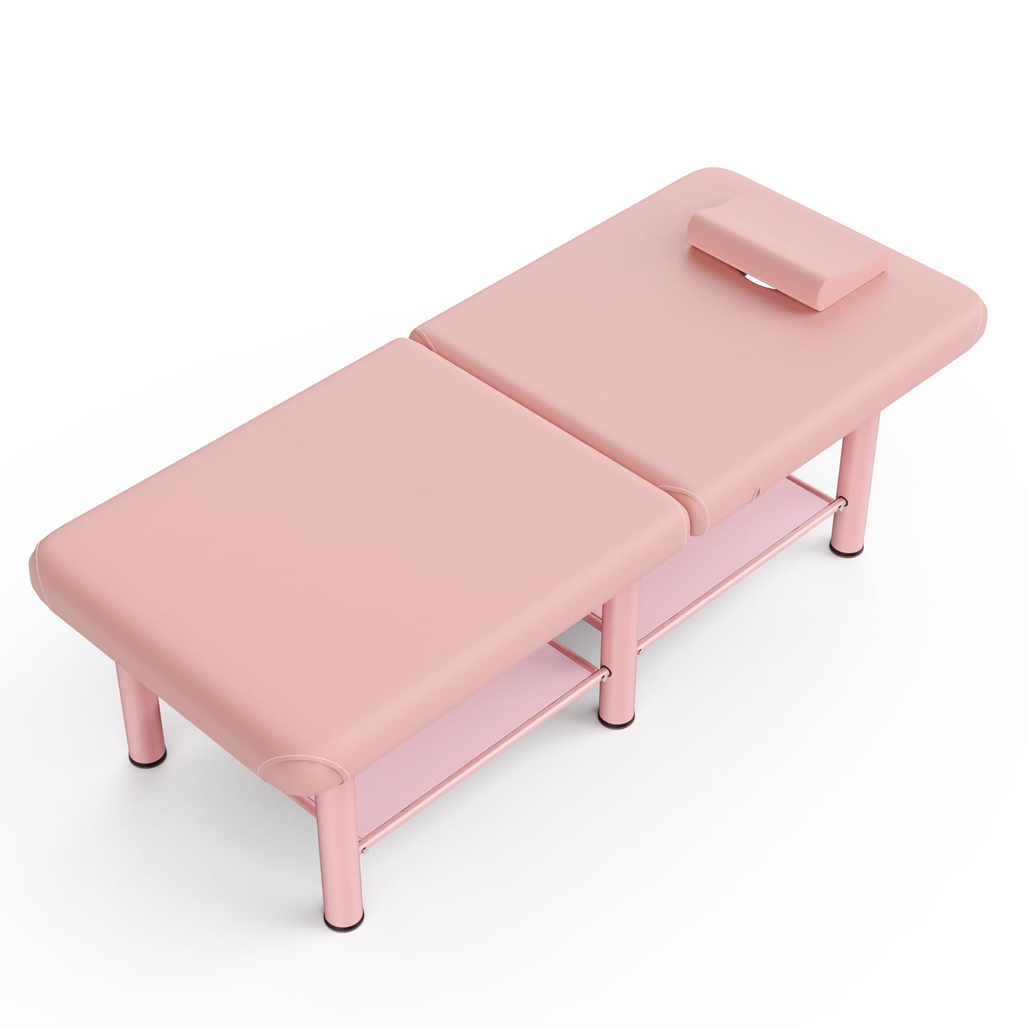 Folding Stationary Massage Table with Backrest and Storage Space for Treatment Table Physical Therapy Table Spa Facial Bed, 6 Round legs Metal Frame PU Leather, 30.5'' Wide × 75'' Long - Pink