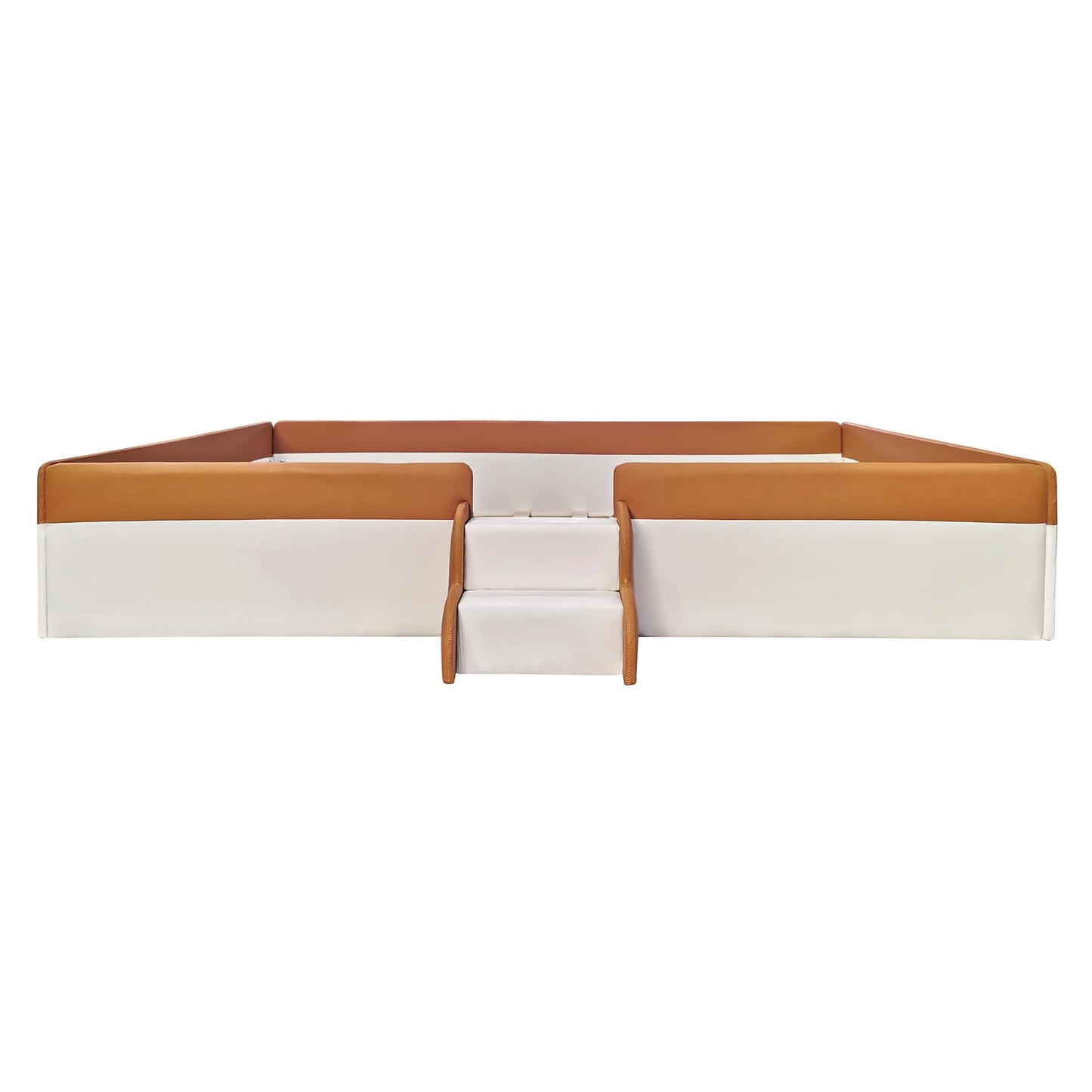 Merax Queen Size Upholstered Kids Daybed Frame with Fence and Stairs, Wood Bed for Living Room, Floor Bed, White+Brown