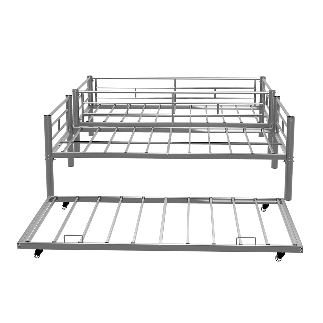Bellemave Metal Bunk Bed with Trundle, Twin Over Twin Bunk with Guardrail and Ladder for Kids/Teenagers, Adults, No Box Spring Needed, Silver