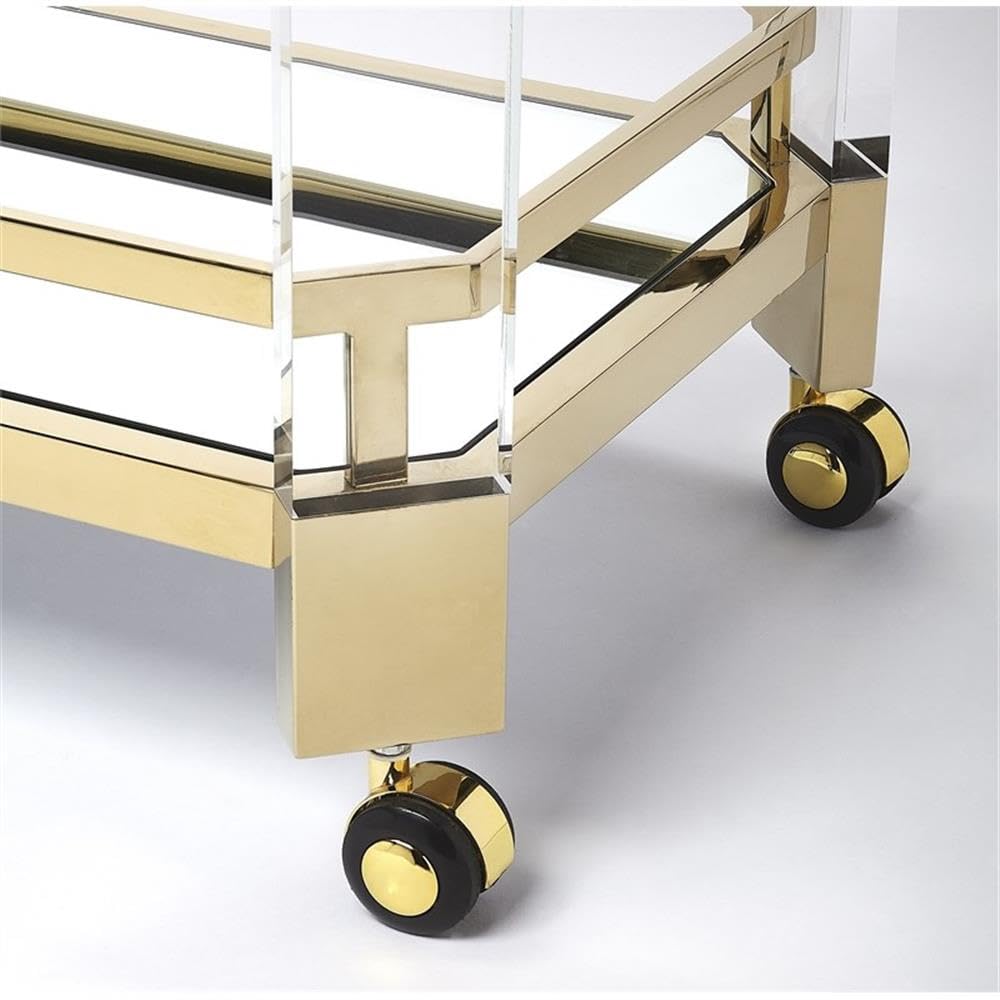 Beaumont Lane Acrylic Serving Cart, 32"W x 17"D x 31.5"H, Clear Glass and Mirror Glass Shelves, High Polished Gold Stainless Steel Frame, Modern Design with Casters for Bar, Kitchen, or Dining Room