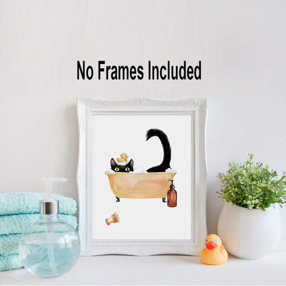 LHIUEM Black Cat Bathroom Decor, Funny Wall Art Set of 4, 8"X10", Unframed, Kitten Pictures