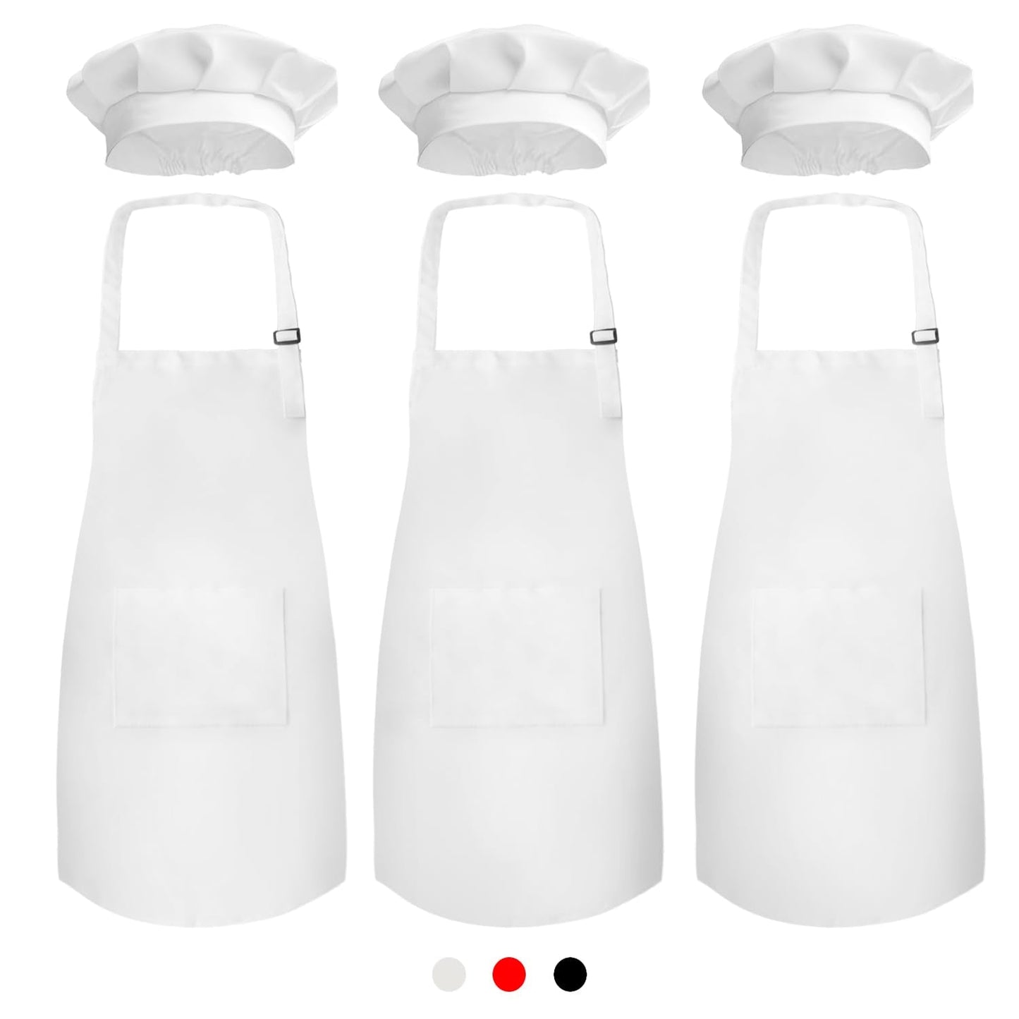 Novelty Place Kid's Apron with Chef Hat Set (3 Set) - Skin-friendly Children’s Bib with Pocket - Cooking, Baking, Painting, Training Wear - Kid's Size (6-12 Year, White)