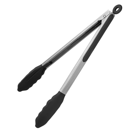 600ºF Heat Resistant Kitchen Tongs: U-Taste 12 inch Large Silicone Cooking Tong with Sturdy Non Stick Rubber Tips & Silicon Coated 18/8 Stainless Steel Handle & Smooth Locking for Serving Grill(Black)
