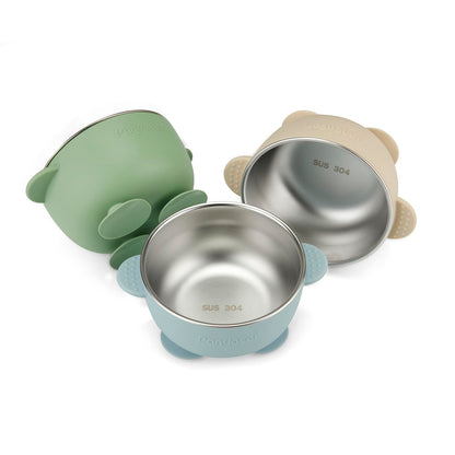 PandaEar 3 Pack Stainless Steel Baby Suction Bowls, Non-Slip Child Food Bowl with Silicone Sleeve for Kids Toddlers Infants, Unbreakable & Mess Free (Blue Green Beige)