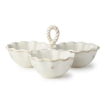 Heritage 3 Section Stoneware Condiment Server with Handle – Divided 8oz Bowls, 9.25" x 9" x 4.75" – Elegant Ivory Dish with Embossed Details, Ideal for Dips, Nuts & Snacks