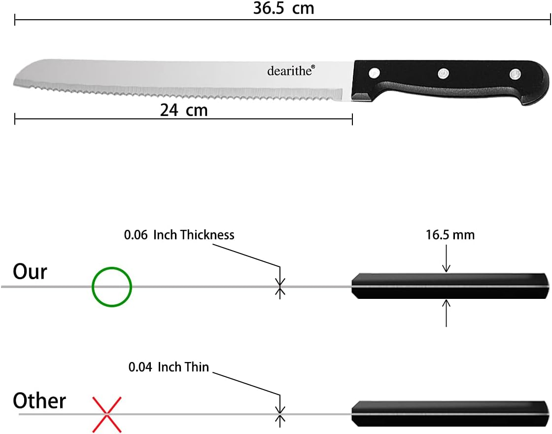 10 Inch Serrated-Bread Knife, Black Full-Tang Stainless Sharp Wavy Edge for Slicing Bread