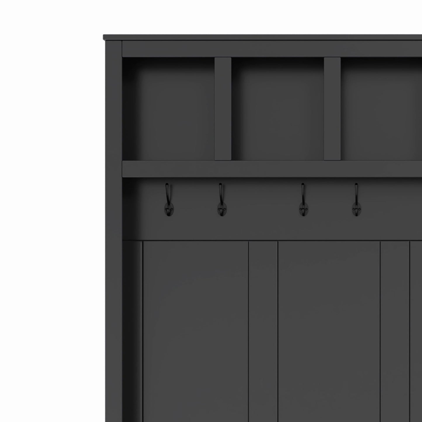 Merax Hall Tree with Bench and Shoe Storage, Farmhouse Wooden Coat Rack with 6 Hooks, Built-in 18 Open Compartments, for Entryway, Living Room, Black