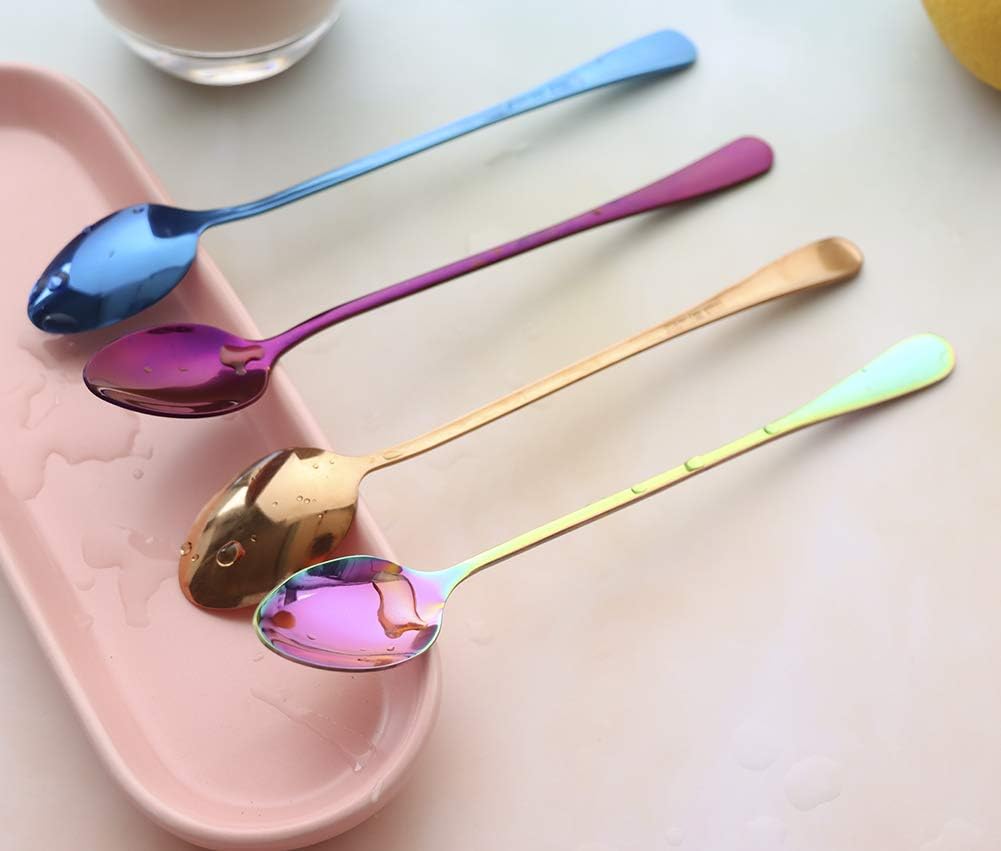 JUCOXO Long Handle Iced Tea Spoon Set of 4, Stainless Steel Coffee Mixing Spoons (Rainbow), Dishwasher Safe