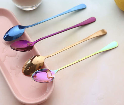 JUCOXO Long Handle Iced Tea Spoon Set of 4, Stainless Steel Coffee Mixing Spoons (Rainbow), Dishwasher Safe