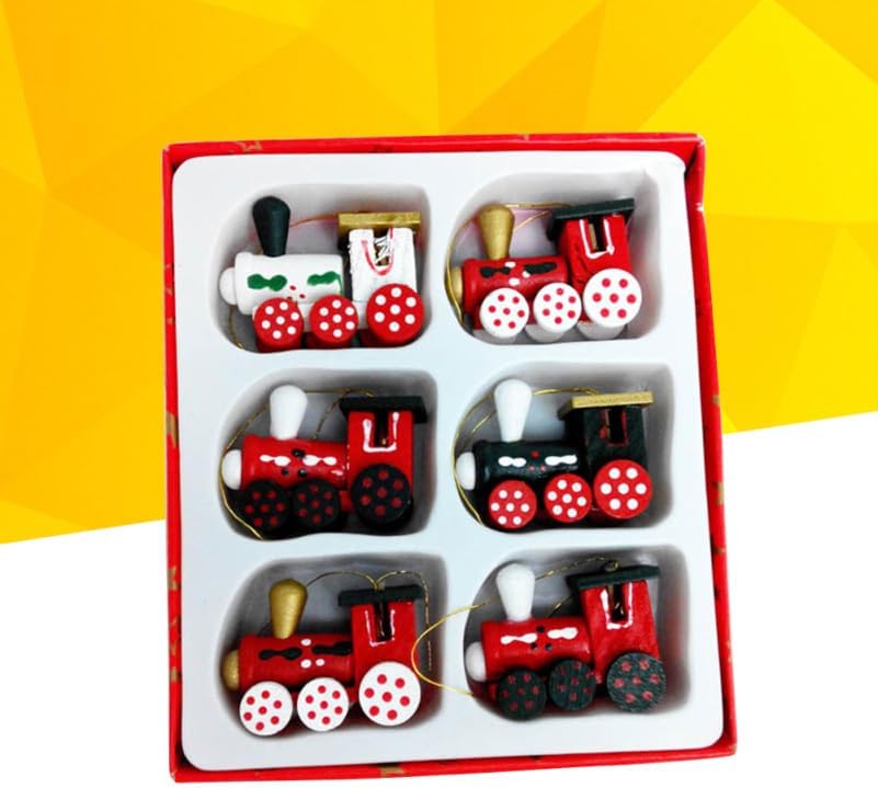 YeahiBaby 6pcs Set, Wooden Christmas Train Mini Painted Train Head Christmas Tree Hanging Ornament for Party Wall Decor