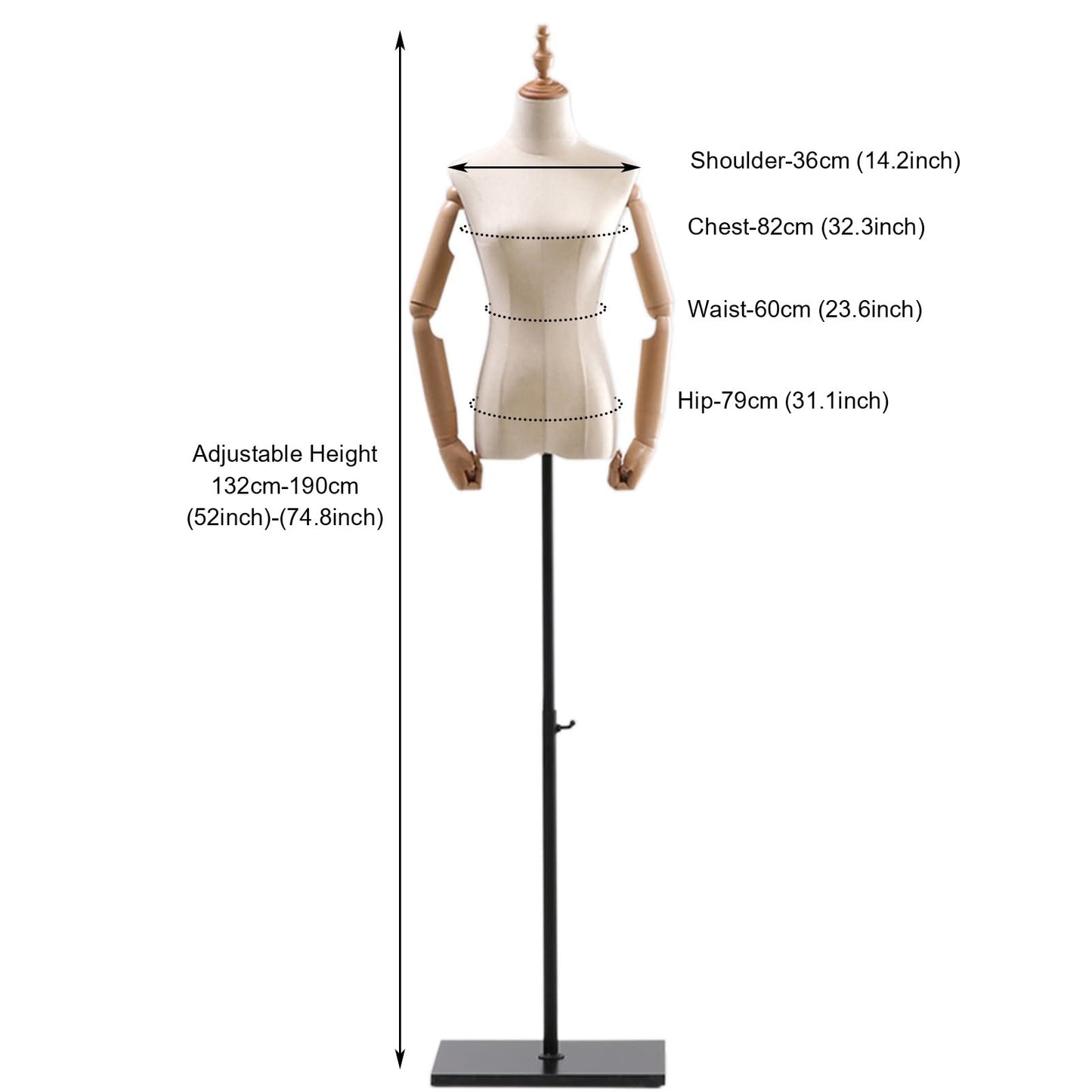 XYIANG Adjustable Half Scale Dummy Female Torso Body Clothing Forms with Rectangular Base Premium Jewelry Display Model for Stores,with Arms+Head (with arms)