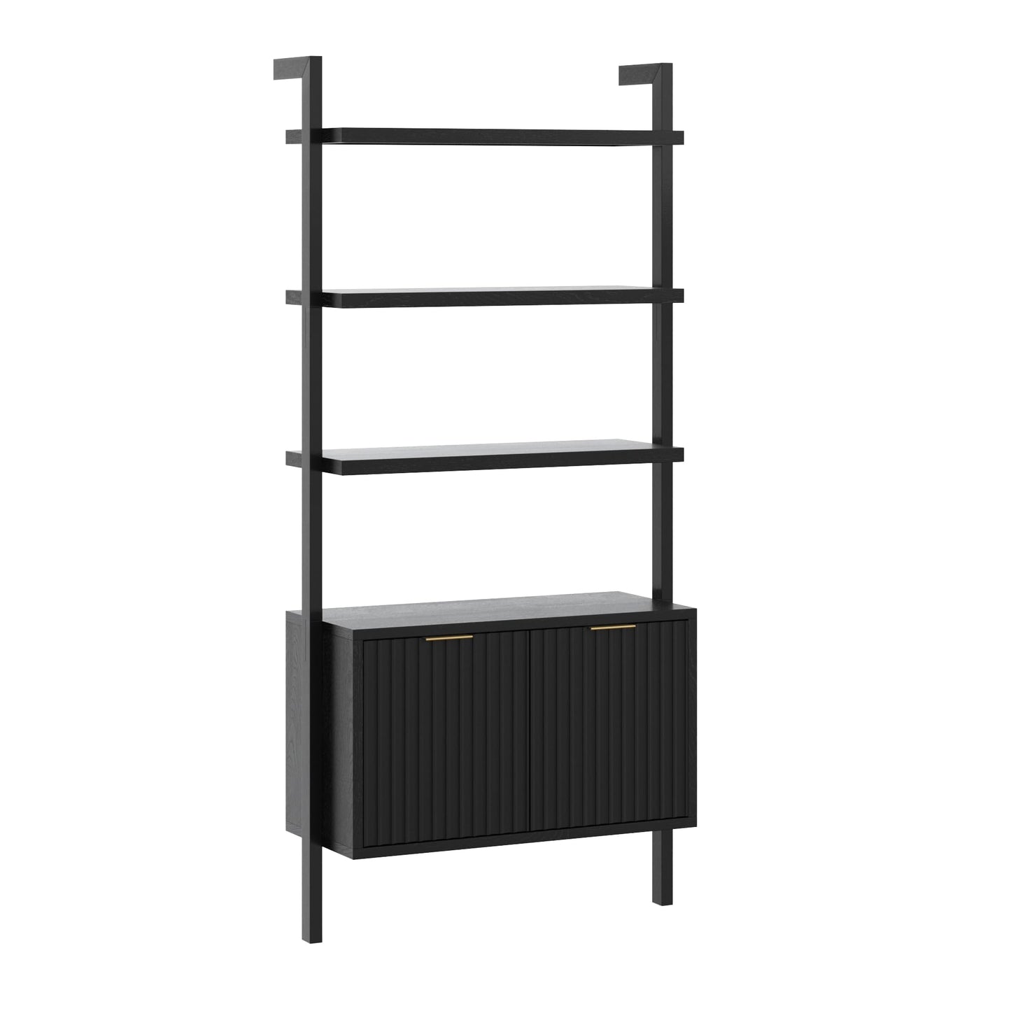 Nathan James Jasper 3-Shelf Solid Wood Boho Bookshelf, Wall Mounted Bookshelf with Cabinet with Fluted Doors, Black Oak