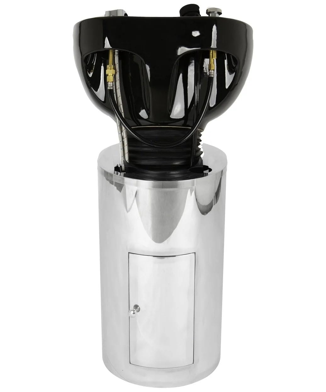 Buy-Rite Paris Pedestal Shampoo Unit – Professional Salon Shampoo Station with Tilting Porcelain Bowl, Silver Base with Black Bowl – Includes Faucet, Spray Hose, Drain & Vacuum Breaker