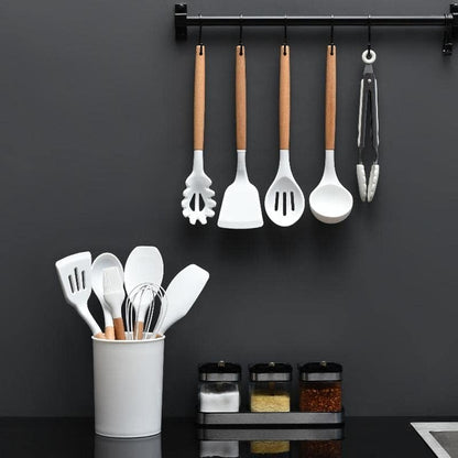 Kitchen Utensils Set, 33 pcs Non-Stick Silicone Cooking Utensils, Heat-Resistant Wooden Gadgets for Cooking, White
