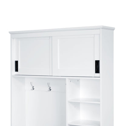 Virubi Modern Entryway Shoe Bench with Coat Rack & Storage – 40.2" Wide Hall Tree with 3 Hooks, 3 Drawers, Shelves & Seating for Hallway, Living Room – Sturdy White/Wood Finish, Easy Assembly