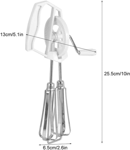 Egg Whisk, Manual Stainless Steel Hand Mixer with Double Wheel Design and Rotation Handle, White