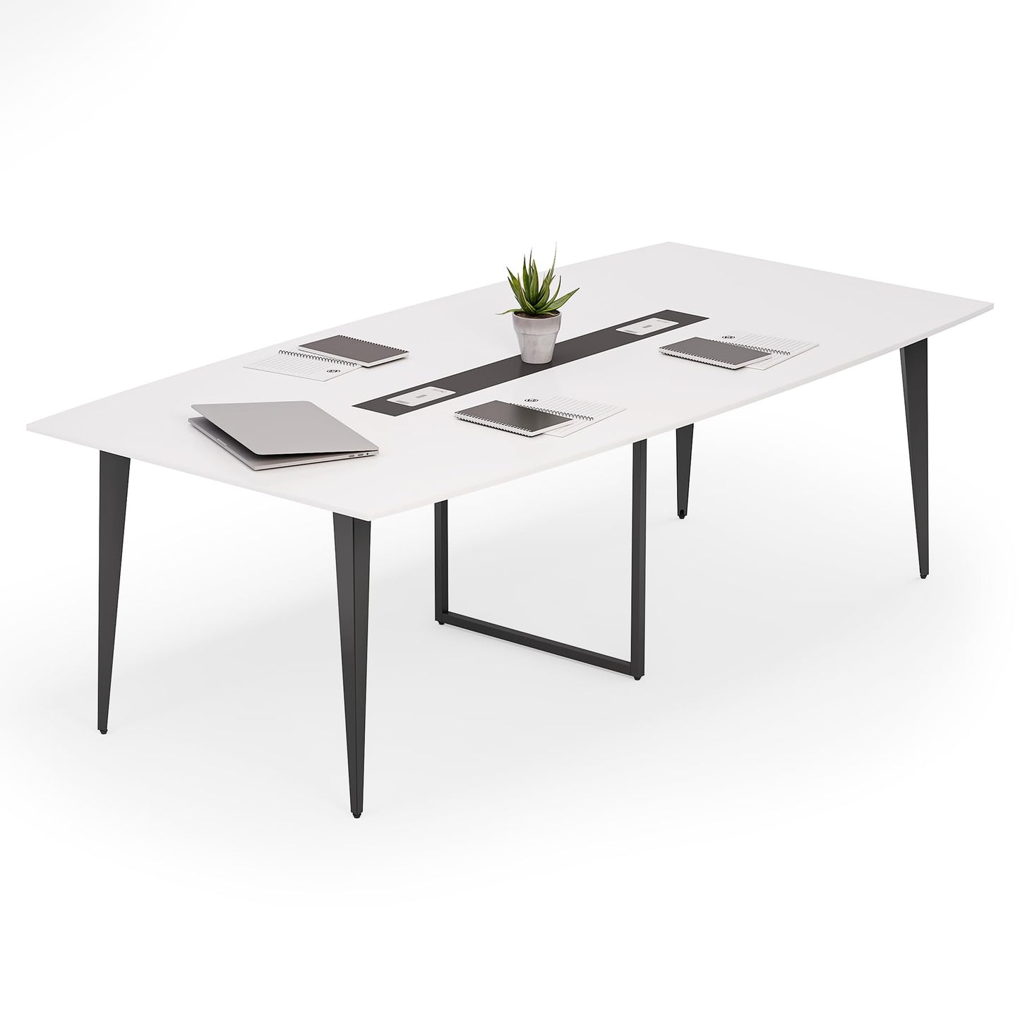 LITTLE TREE 8FT Conference Room Table, 94.48L x 47.21W x 29.52H Boat Shaped Meeting Table, White&Black