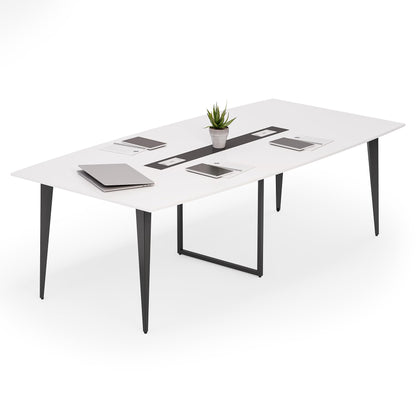 LITTLE TREE 8FT Conference Room Table, 94.48L x 47.21W x 29.52H Boat Shaped Meeting Table, White&Black