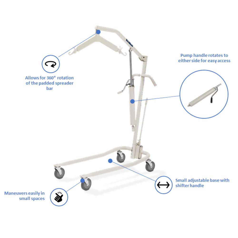 Invacare Hydraulic Patient Lift, Lightweight Transfer Lift Chair with 450 lb Weight Capacity, Bent Mast for Safer Transfers, 6-Point Padded Swivel Bar, Floor-to-Bed Height Range for Fall Recovery