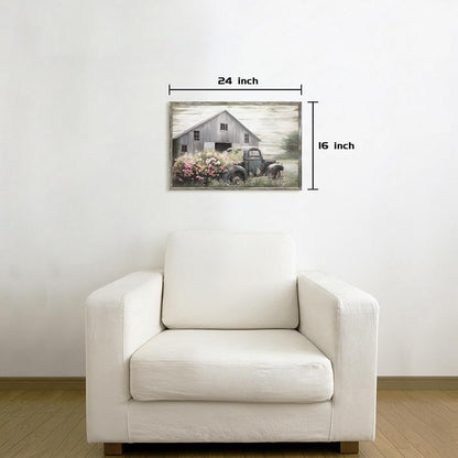 Rustic Framed Farmhouse Wall Art: Wooden Flower Truck Painting Country Barn Prints for Bedroom
