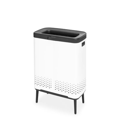 Brabantia Bo Laundry Hamper Hi (White) 2 Compartment Removable Laundry Bag 2 x 12 Gal, Ventilated Stylish Dirty Clothes Holder, Flat Back, Off-the Ground, Anti-Rust Materials for Bathroom Use