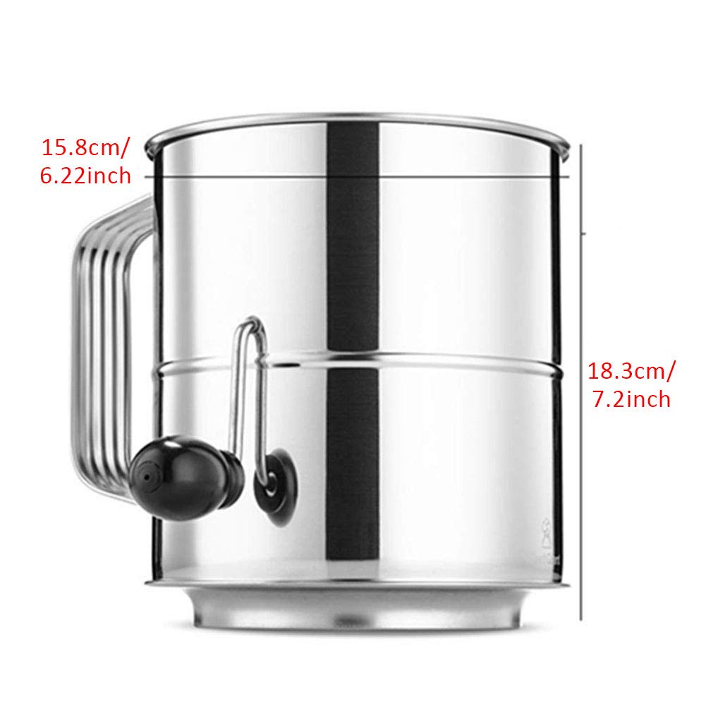 Flour Sifter, 8 Cup Flour Sifter for Baking Fine Mesh Rotary Hand Crank Sifters Stainless Steel with Loop Agitator for Quick Sifting, Flours Duster(COLOR:Silver)
