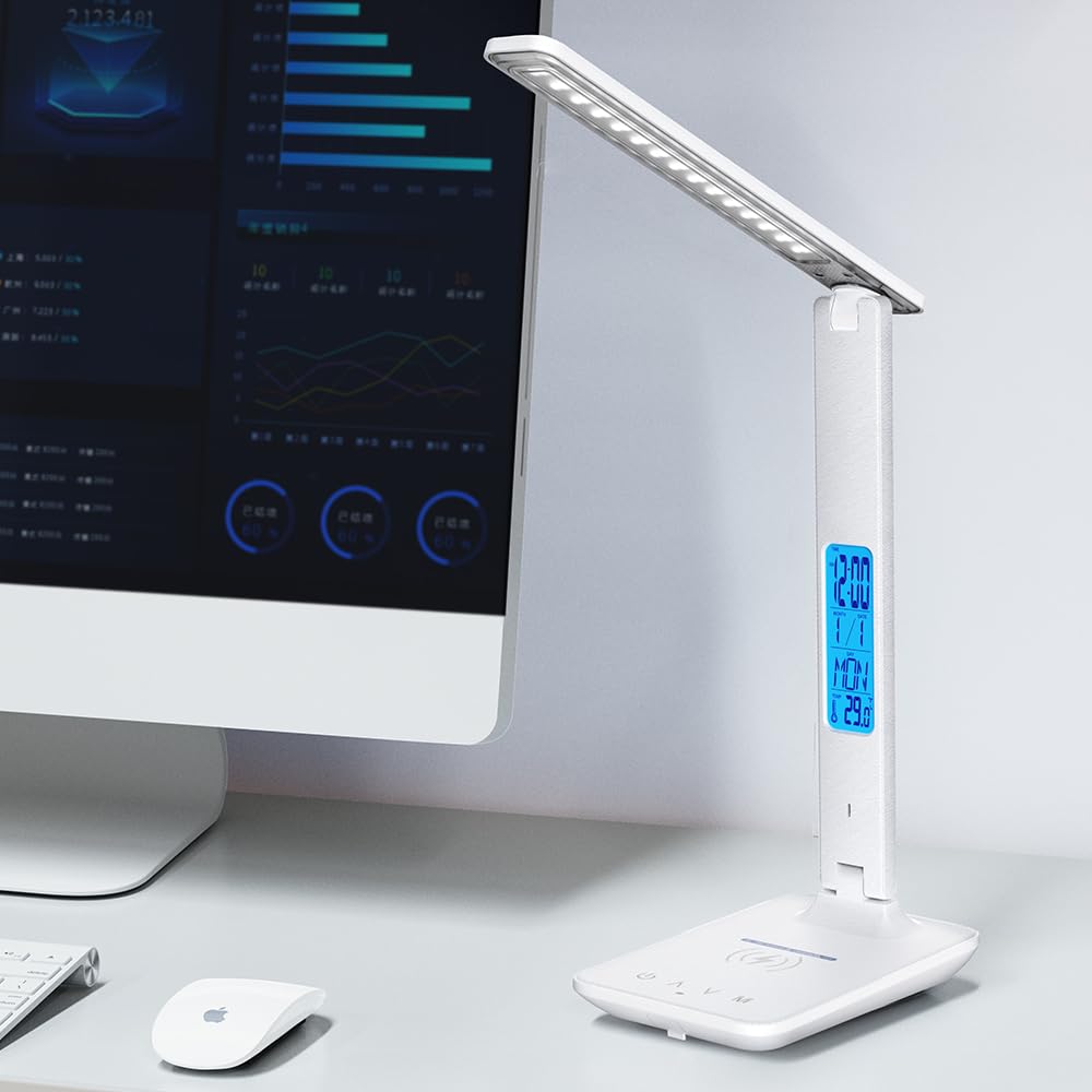 Multifunctional LED Desk Lamp with Wireless Charger,USB Charging Port,Clock,Phone Holder,Desk Lamps for Home Office,Eye-Caring Reading Lamp,Study Lamp for Boys,Girls,Teens,White