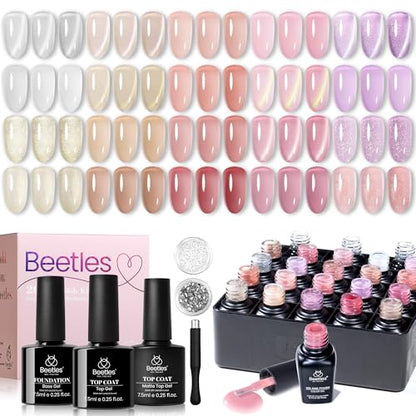beetles Gel Polish Set - 23Pcs Macaroon Color Gel Nail Kit with Glossy Matte Top Coat Base Coat Yellow Pink White Purple Blue Glitter Bright Uv Nails Paradise Pastel Gel Halloween Gifts for Women