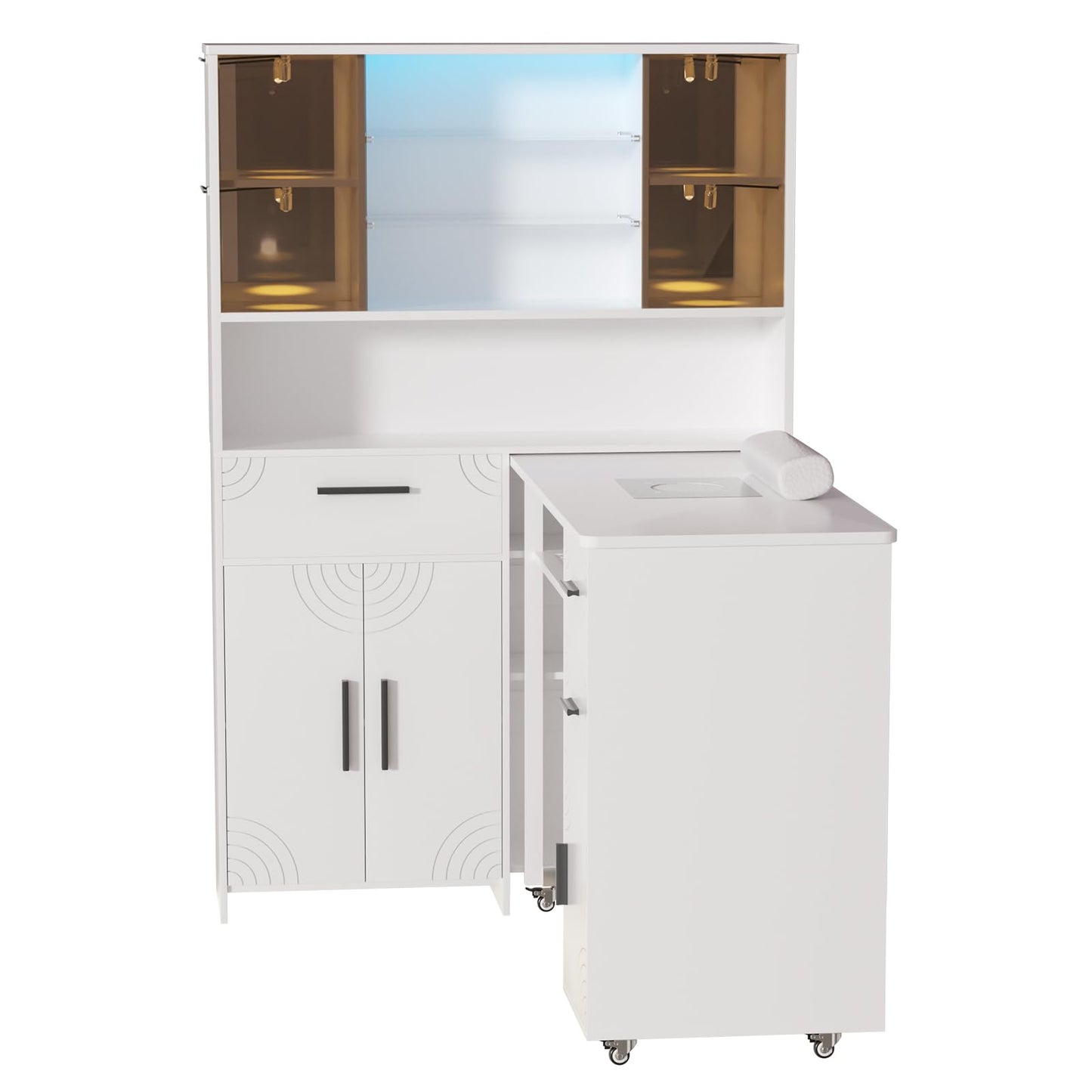 Oakvera Manicure Table with LED Display Cabinet, Mobile Nail Tech Desk Built-in Dust Collector, Nail Station with Double Tabletop, 3 Adjustable Shelves, Open Storage, Drawers & Cabinets, White