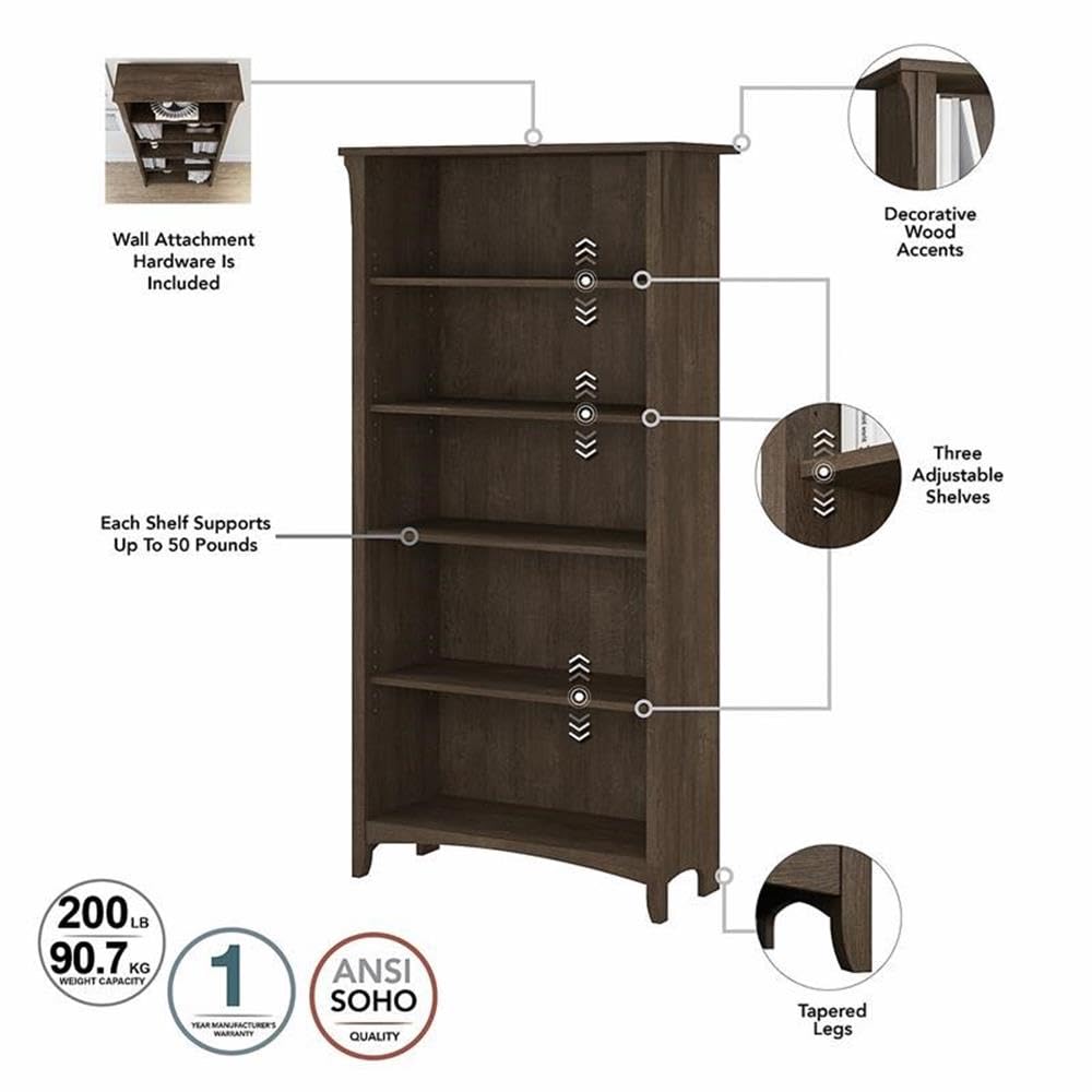 Bush Home Salinas Tall 5 Shelf Bookcase - Set of 2 in Ash Brown, Vertical Office Storage, Bookshelves for Home Workspace, Multi-Purpose Shelving Units