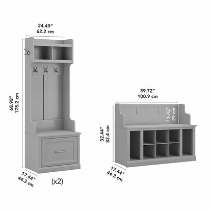 Bush Home Woodland Entryway Storage Set with Hall Trees and Shoe Bench with Drawers in Cape Cod Gray | Mudroom Organizer for Footwear, Clothing