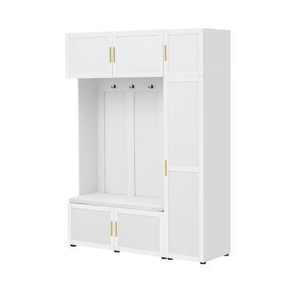 Amposei Modern Hall Tree with Shoe Storage Bench & Coat Rack, 79.72''H Tall Entryway Cabinet Organizer with 6 Doors, 4 Hooks & Padded Seat for Hallway Mudroom Living Room, White