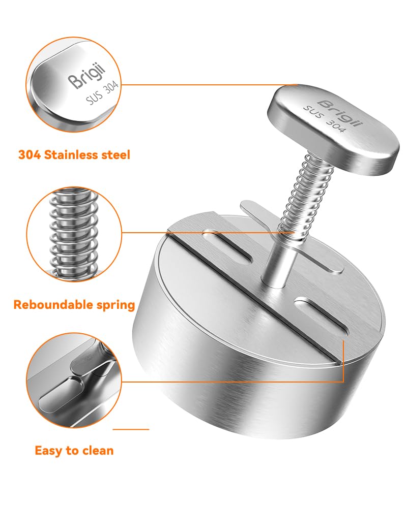 Brigii 304 Stainless Steel Burger Press - 4.5" Hamburger Patty Maker, Heavy Duty Stainless Steel Burger Press for Ground Beef, Burgers (Dishwasher Safe)