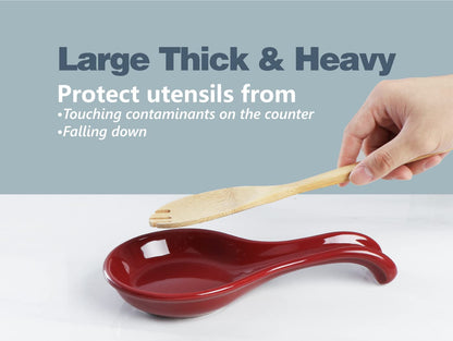 ONEMORE Ceramic Spoon Rest for Stove Top - Extra Wide Heat-Resistant Ladle Holder for Kitchen Counter Utensils/Tools - Large, Red