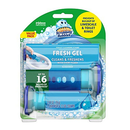 Scrubbing Bubbles Fresh Gel Toilet Cleaning Stamp, Rainshower, Dispenser with 12 Gel Stamps, 2.68 oz