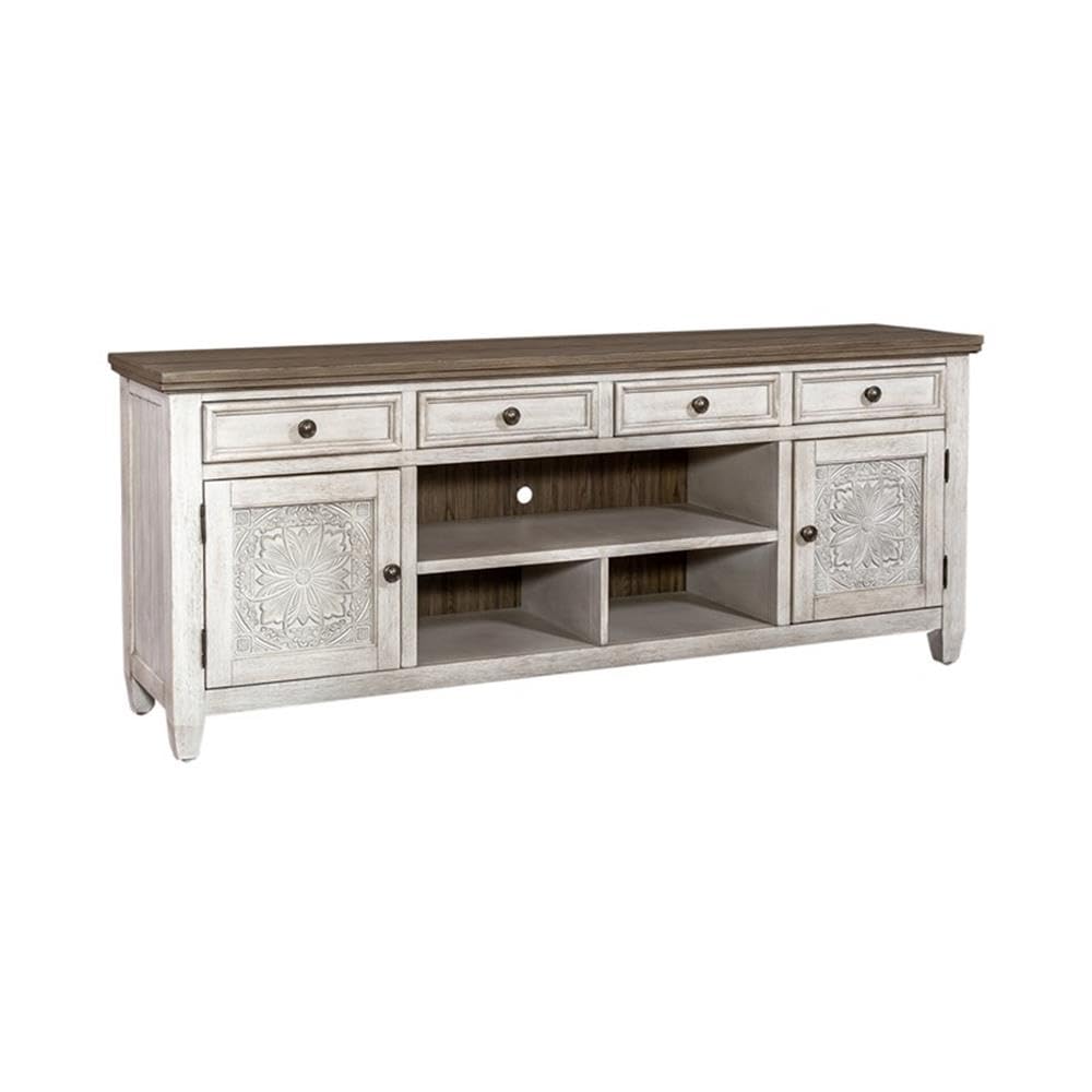 Liberty Furniture Heartland 76 Inch Tile TV Console for Living Room - Antique White with Tobacco Tops