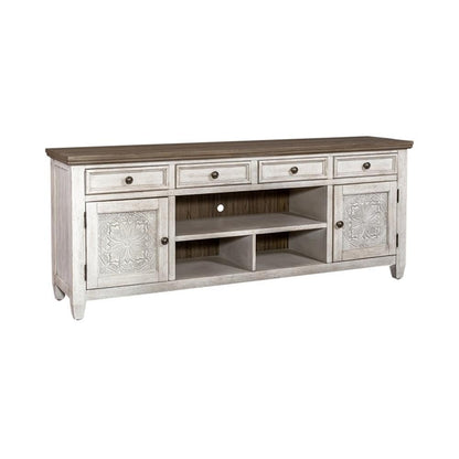 Liberty Furniture Heartland 76 Inch Tile TV Console for Living Room - Antique White with Tobacco Tops