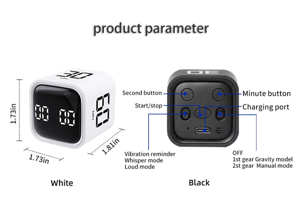 Teknoluzor Digital Cube Pomodoro Timer Desk Rechargeable Productivity Timer 5/10/30/60min & Custom Countdown, Vibration & Adjustable Sound Alarm,for Task Work Kitchen ADHD Kids Studying (Black)