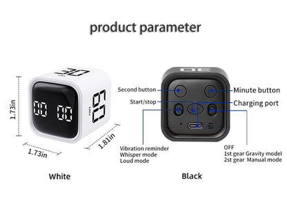 Teknoluzor Digital Cube Pomodoro Timer Desk Rechargeable Productivity Timer 5/10/30/60min & Custom Countdown, Vibration & Adjustable Sound Alarm,for Task Work Kitchen ADHD Kids Studying (Black)