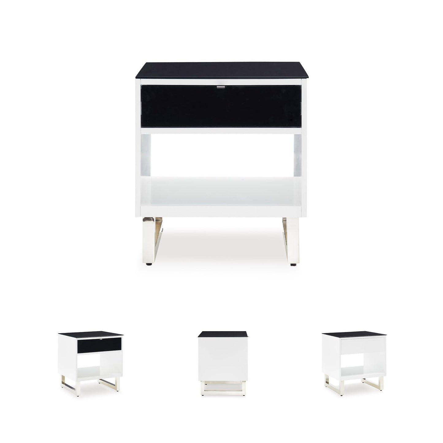 Signature Design by Ashley Gardoni Modern Glass-Tabletop End Table with 1 Drawer, Open Shelf, and High Gloss Finish, White & Black