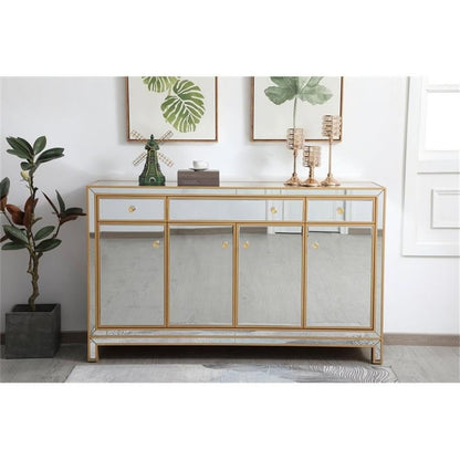 Pemberly Row Modern 60" Metal and MDF Mirrored Credenza, Gold Finish, 4 Doors, 3 Shelves, Rectangle Shape, Soft Closing Hand-Painted Storage Cabinet for Living Room, Dining Room, or Entryway Use
