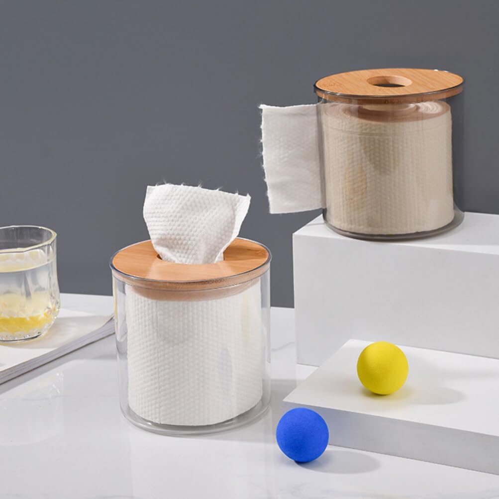 Amosfun Round Wooden Tissue Box Cover, Facial Tissue Holder with Wood Lid for Countertops
