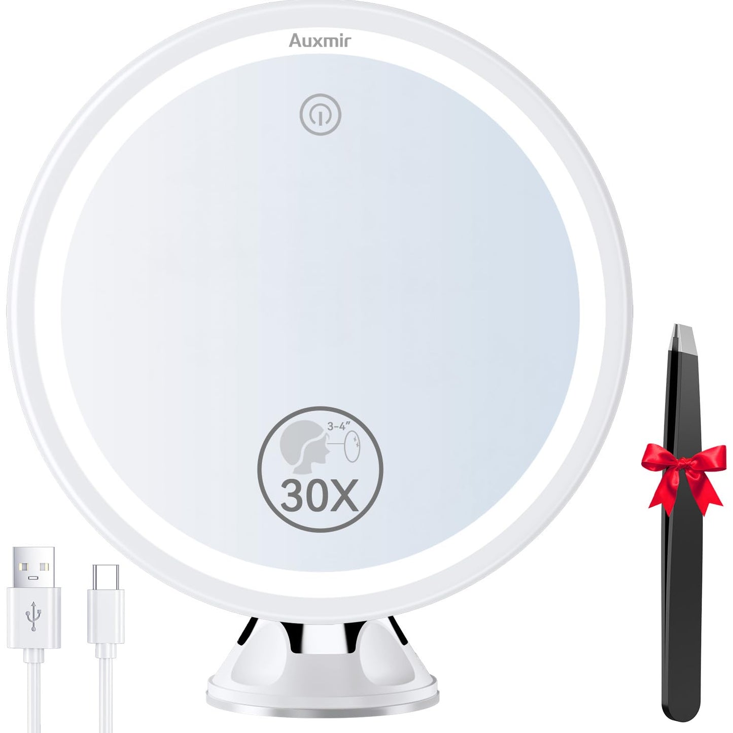 Auxmir 2025 Upgraded 30X Magnifying Mirror with Light, Makeup Mirror with 2-Level Lights, Vanity Mirror with Power Suction Cup and Tweezers, 360° Swivel, Portable Bathroom Mirror for Home Travel